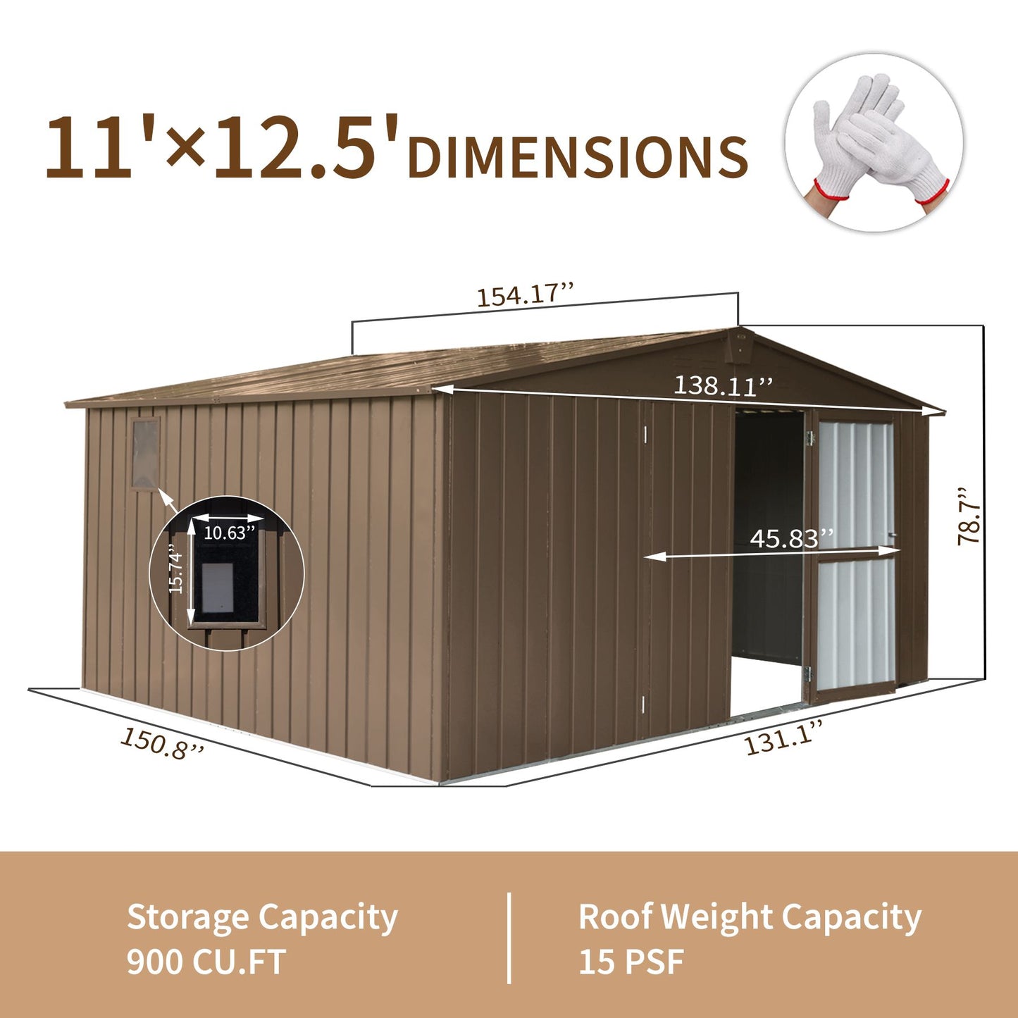 12.5' x 11' Large Brown Metal Storage Shed, 900 cu.ft. Capacity, Galvanized Steel Frame, Multifunctional