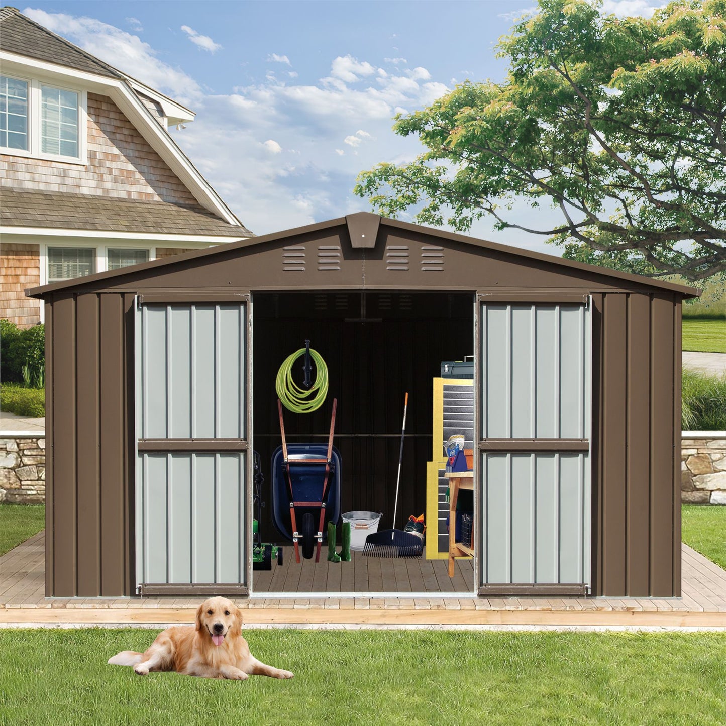 12.5' x 11' Large Brown Metal Storage Shed, 900 cu.ft. Capacity, Galvanized Steel Frame, Multifunctional