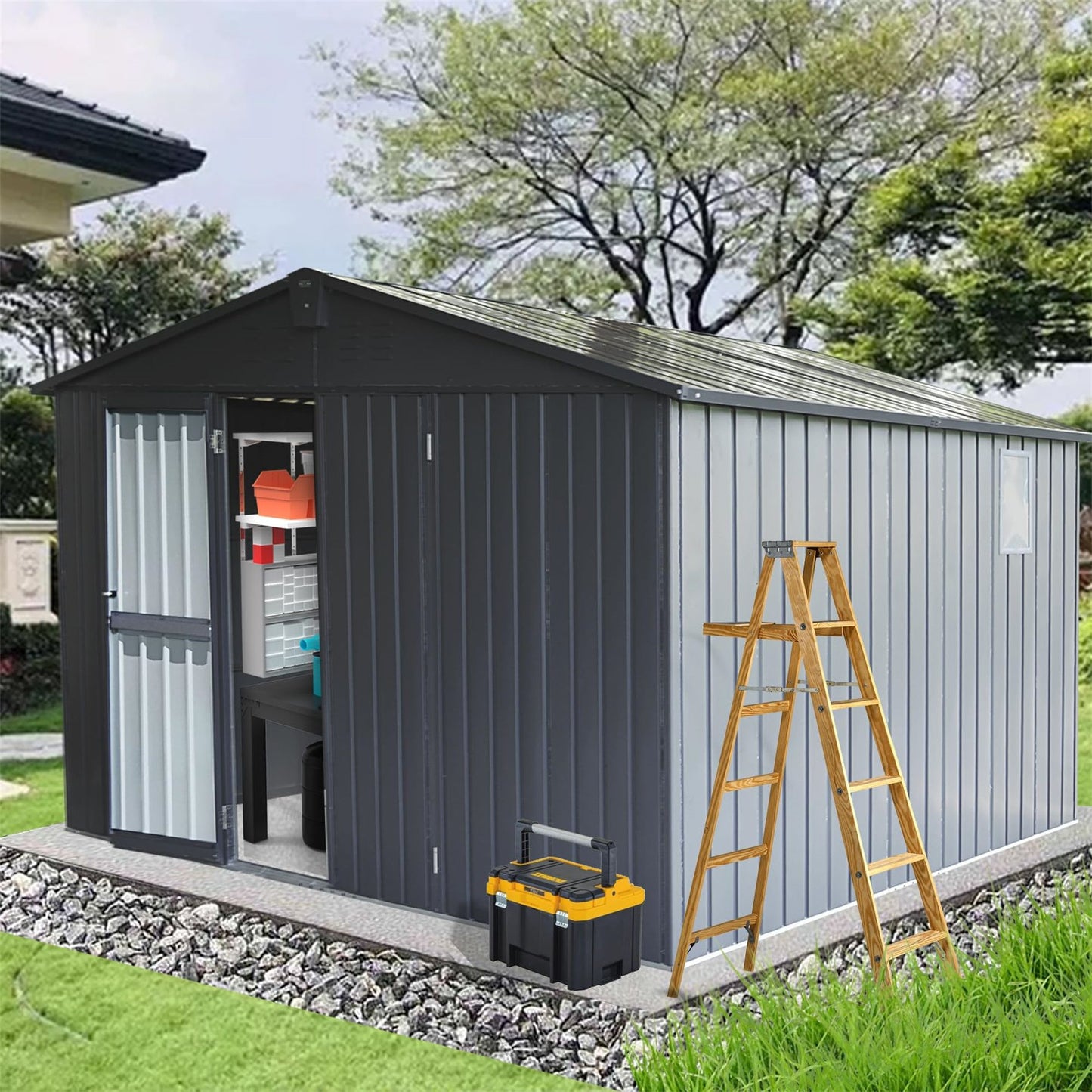 12.5' x 11' Large Metal Storage Shed, Galvanized Steel Frame, Ventilated, with Double Doors