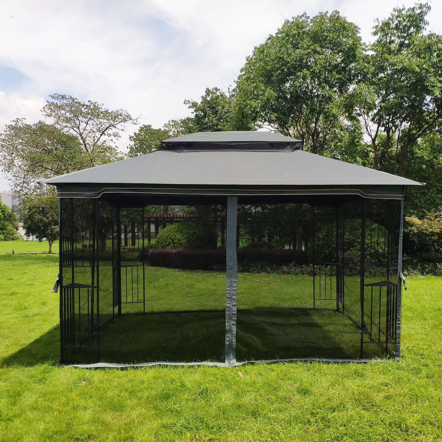 13' x 10' Outdoor Patio Gazebo with Double-Tiered Roof, Removable Mesh Screen, and Mosquito Net, Suitable for Lawn, Garden, Backyard, and Deck