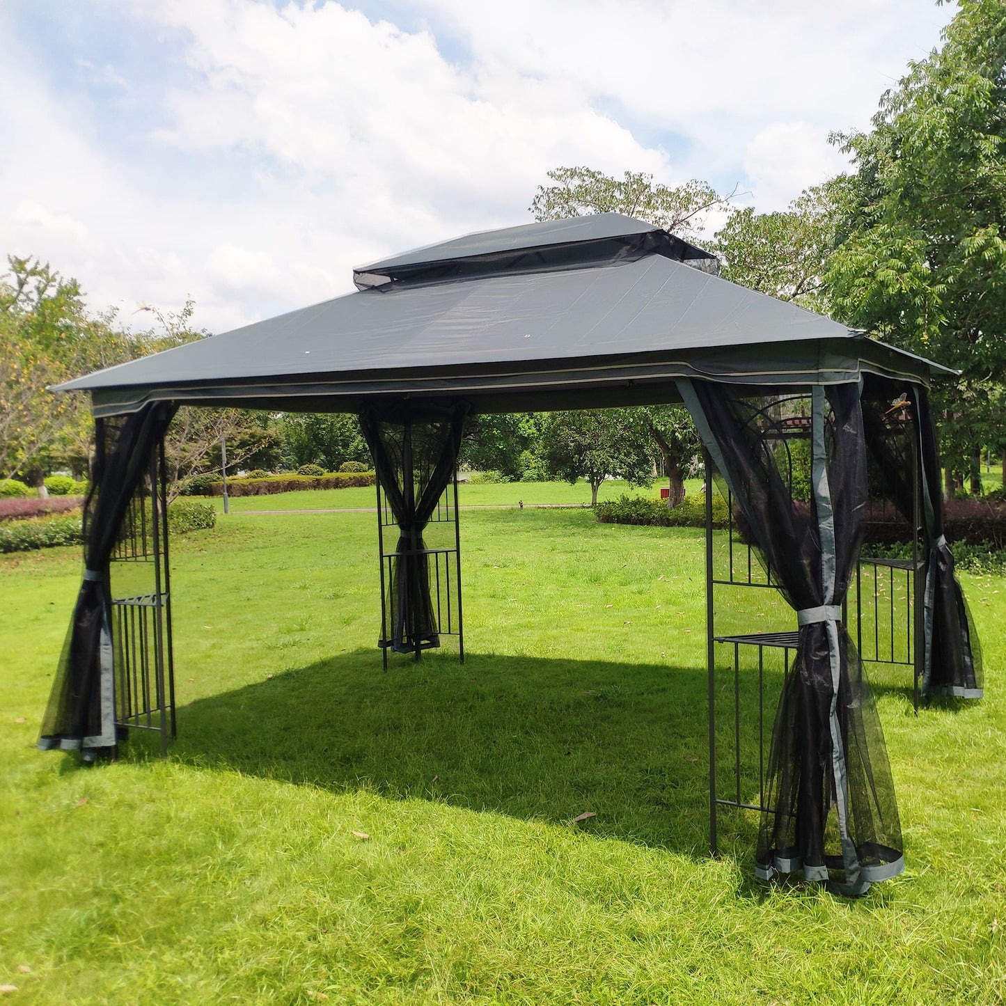 13' x 10' Outdoor Patio Gazebo with Double-Tiered Roof, Removable Mesh Screen, and Mosquito Net, Suitable for Lawn, Garden, Backyard, and Deck