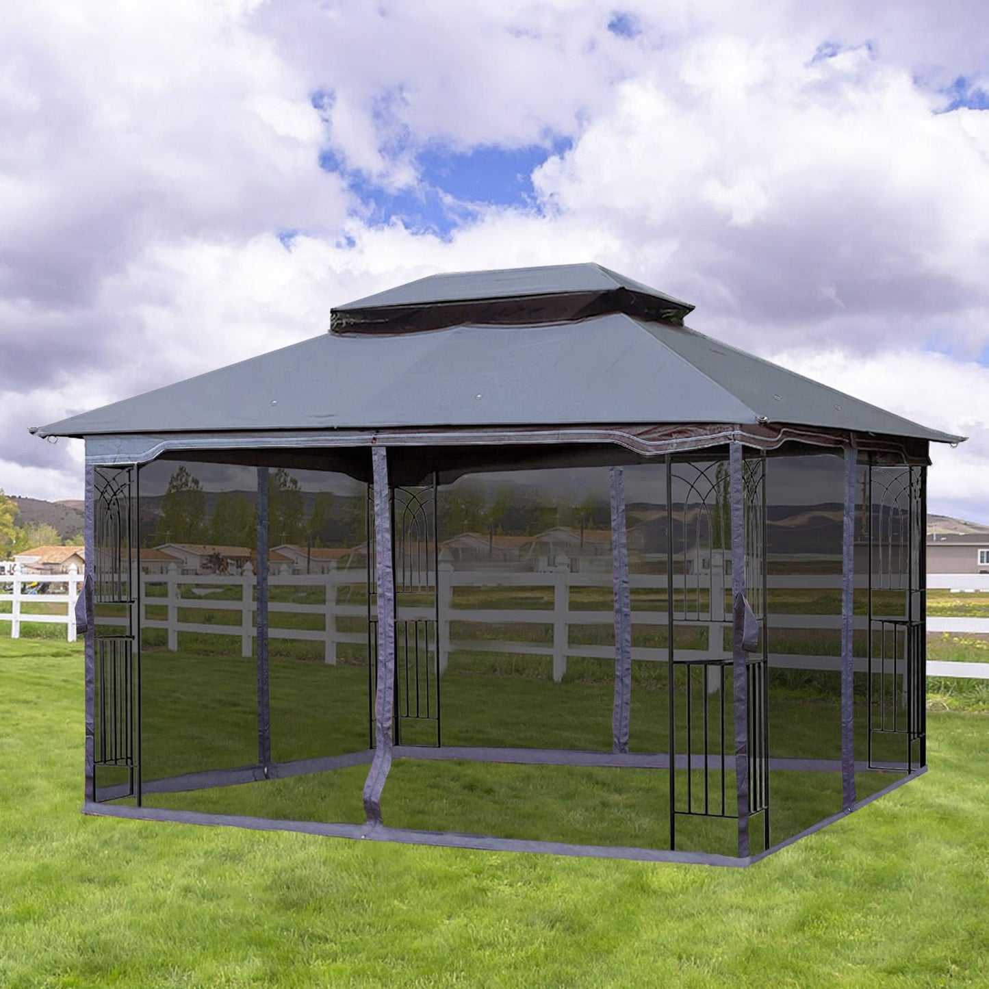 13' x 10' Outdoor Patio Gazebo with Double-Tiered Roof, Removable Mesh Screen, and Mosquito Net, Suitable for Lawn, Garden, Backyard, and Deck