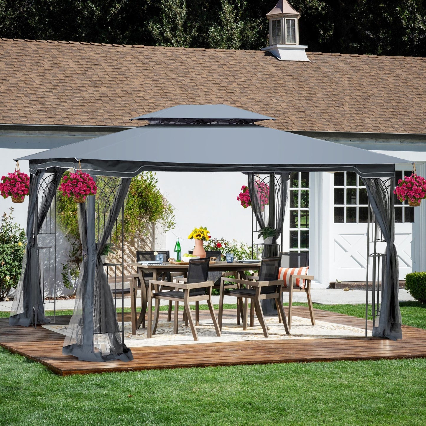 13' x 10' Outdoor Patio Gazebo with Double-Tiered Roof, Removable Mesh Screen, and Mosquito Net, Suitable for Lawn, Garden, Backyard, and Deck