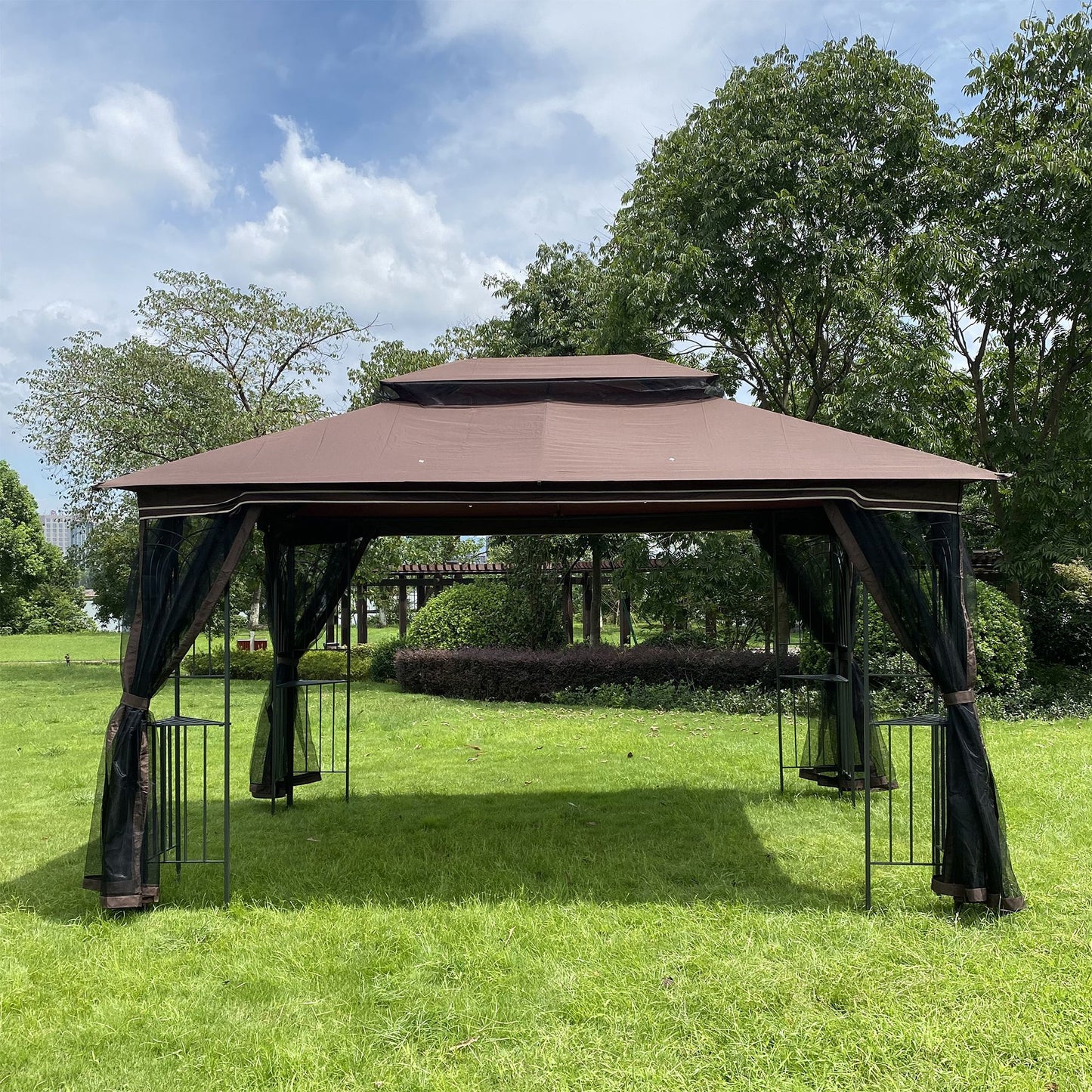 13' x 10' Outdoor Patio Gazebo with Double-Tiered Roof, Removable Mesh Screen, and Mosquito Net, Suitable for Lawn, Garden, Backyard, and Deck