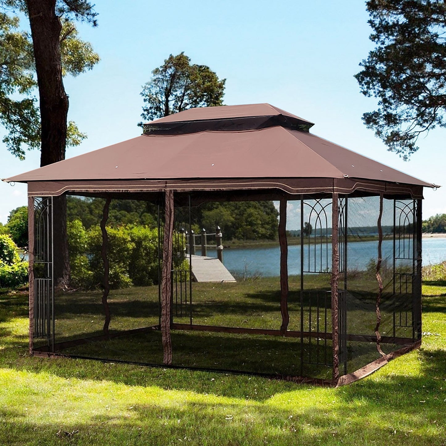 13' x 10' Outdoor Patio Gazebo with Double-Tiered Roof, Removable Mesh Screen, and Mosquito Net, Suitable for Lawn, Garden, Backyard, and Deck