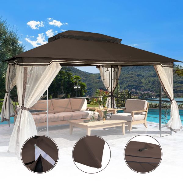 13' x 10' Patio Double Roof Gazebo Replacement Canopy Top Fabric, Brown