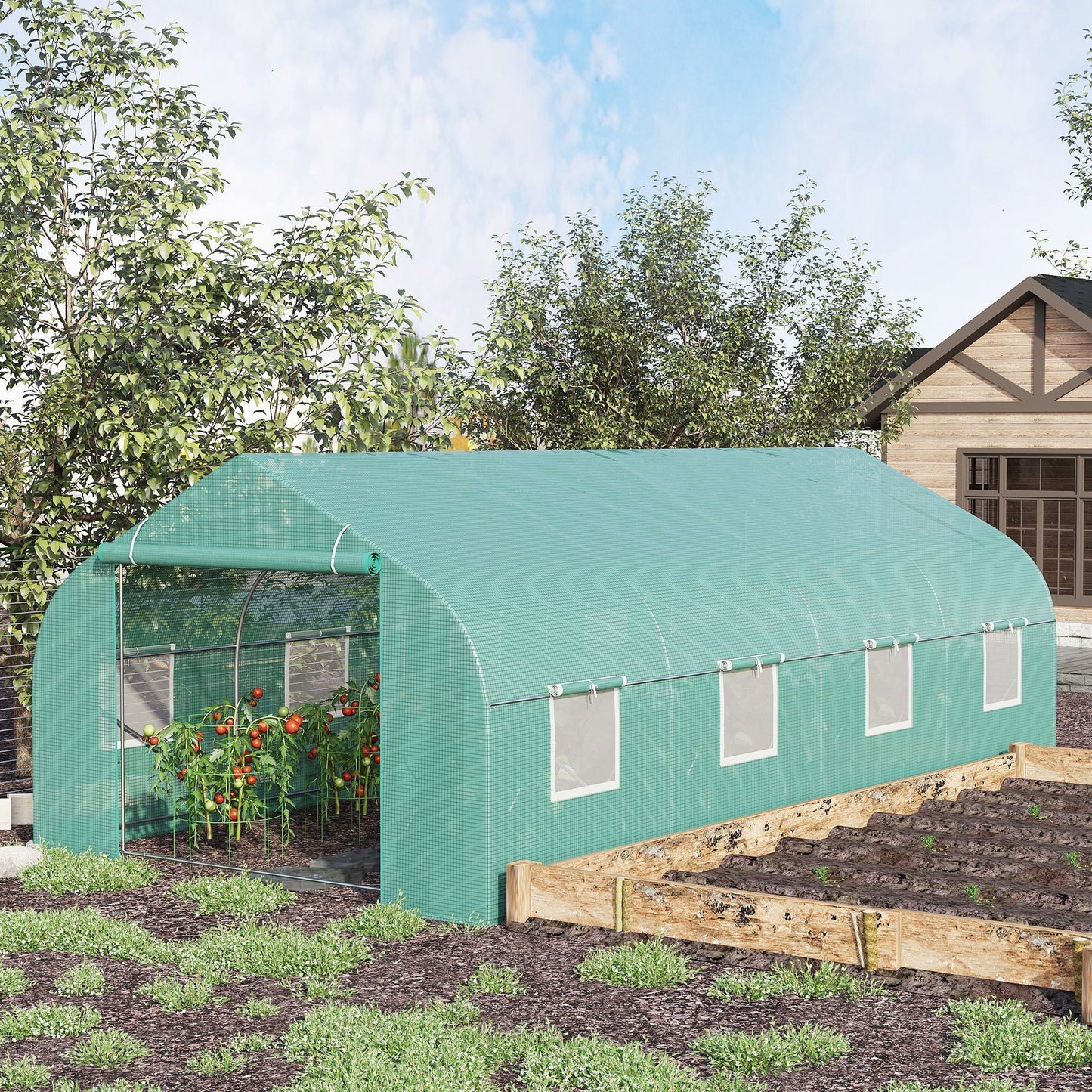 20' x 10' Walk-In Greenhouse, Durable Steel Frame, Green PE Cover