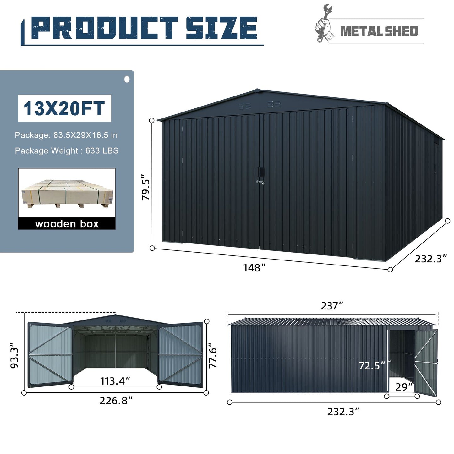 20' x 13' Outdoor Storage Shed, Spacious Walk-In Design