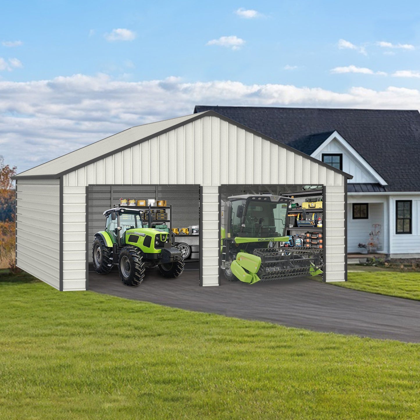 23' x 22' Metal Storage Shed w/ Double Door Garage & Side Entry Door, 500 sq-ft Space