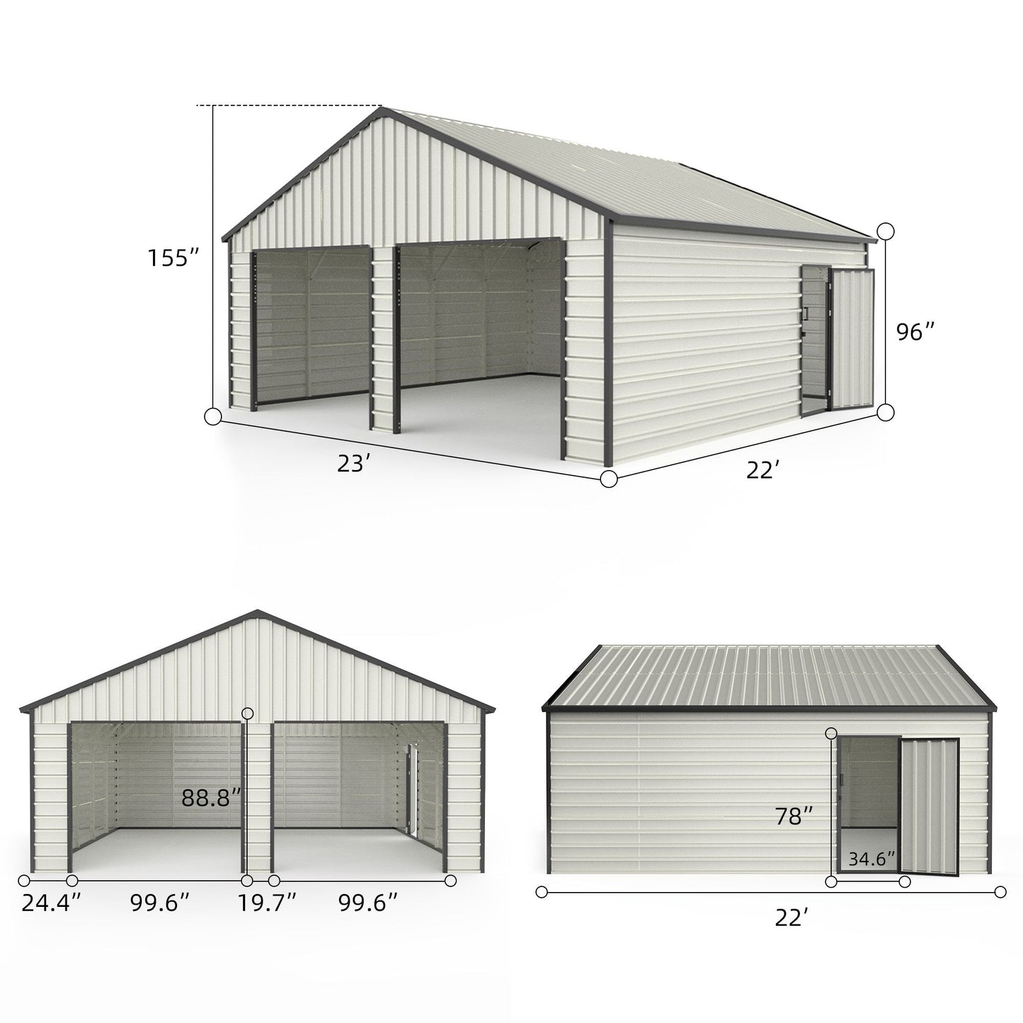 23' x 22' Metal Storage Shed w/ Double Door Garage & Side Entry Door, 500 sq-ft Space