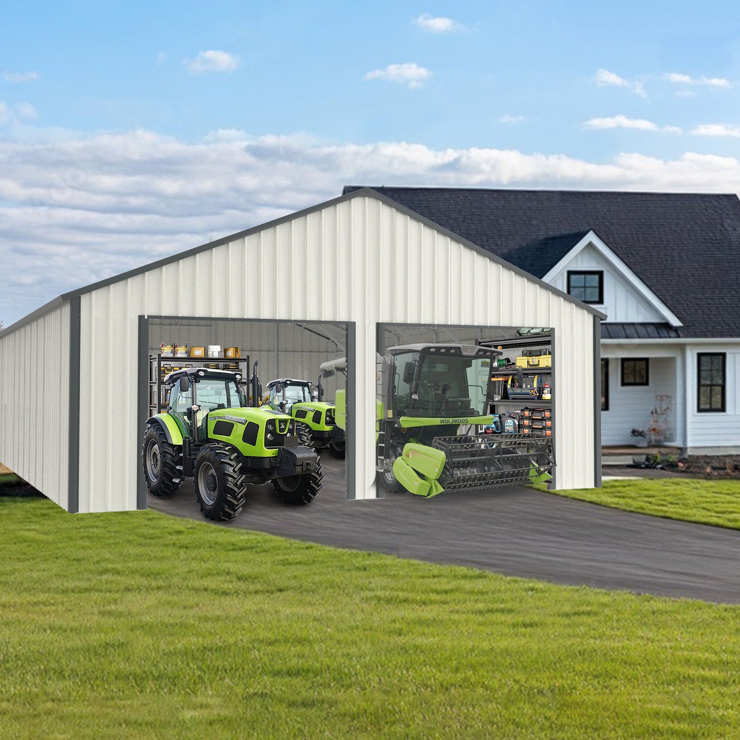 33' x 25' Metal Storage Shed w/ Double Door Garage & Side Entry Door