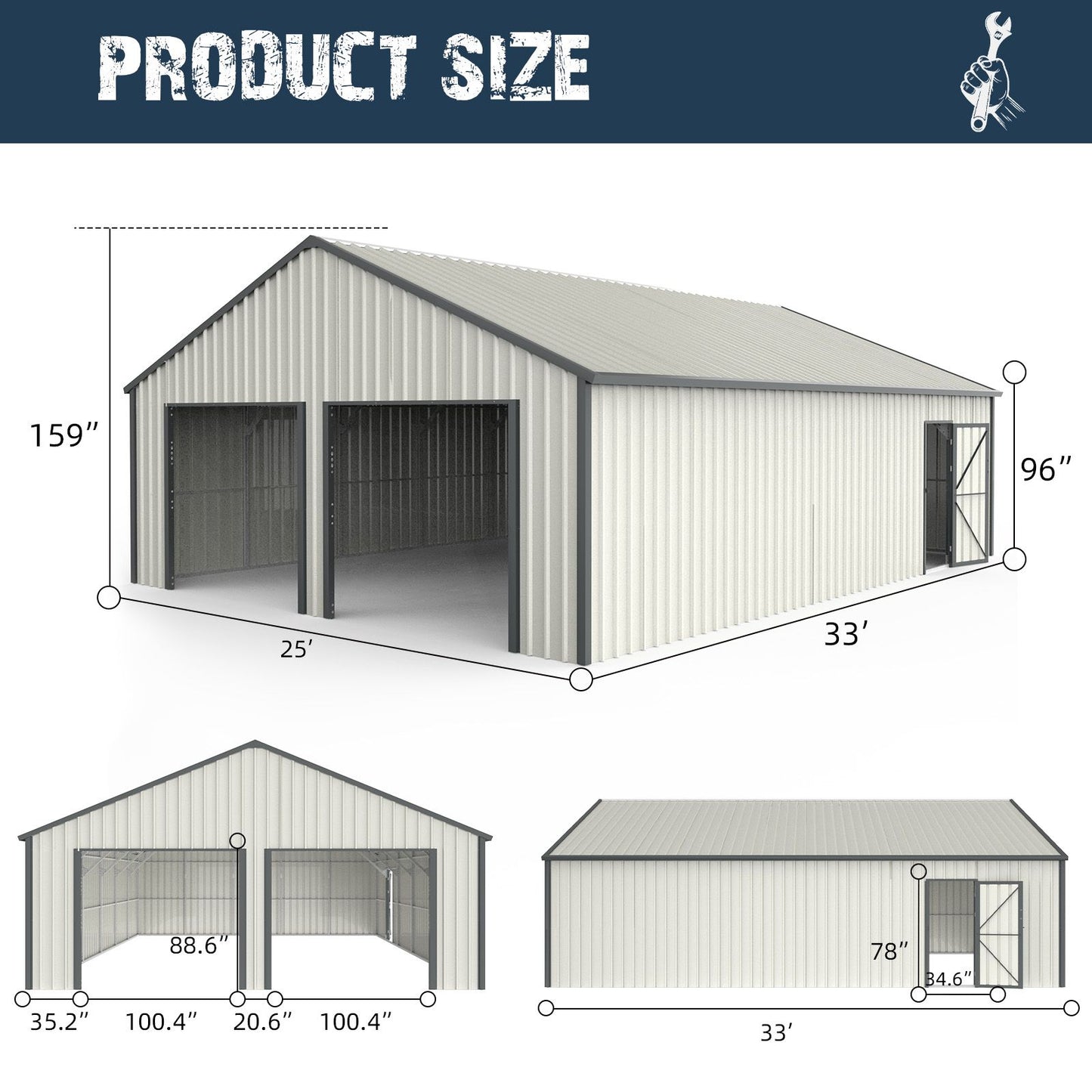 33' x 25' Metal Storage Shed w/ Double Door Garage & Side Entry Door