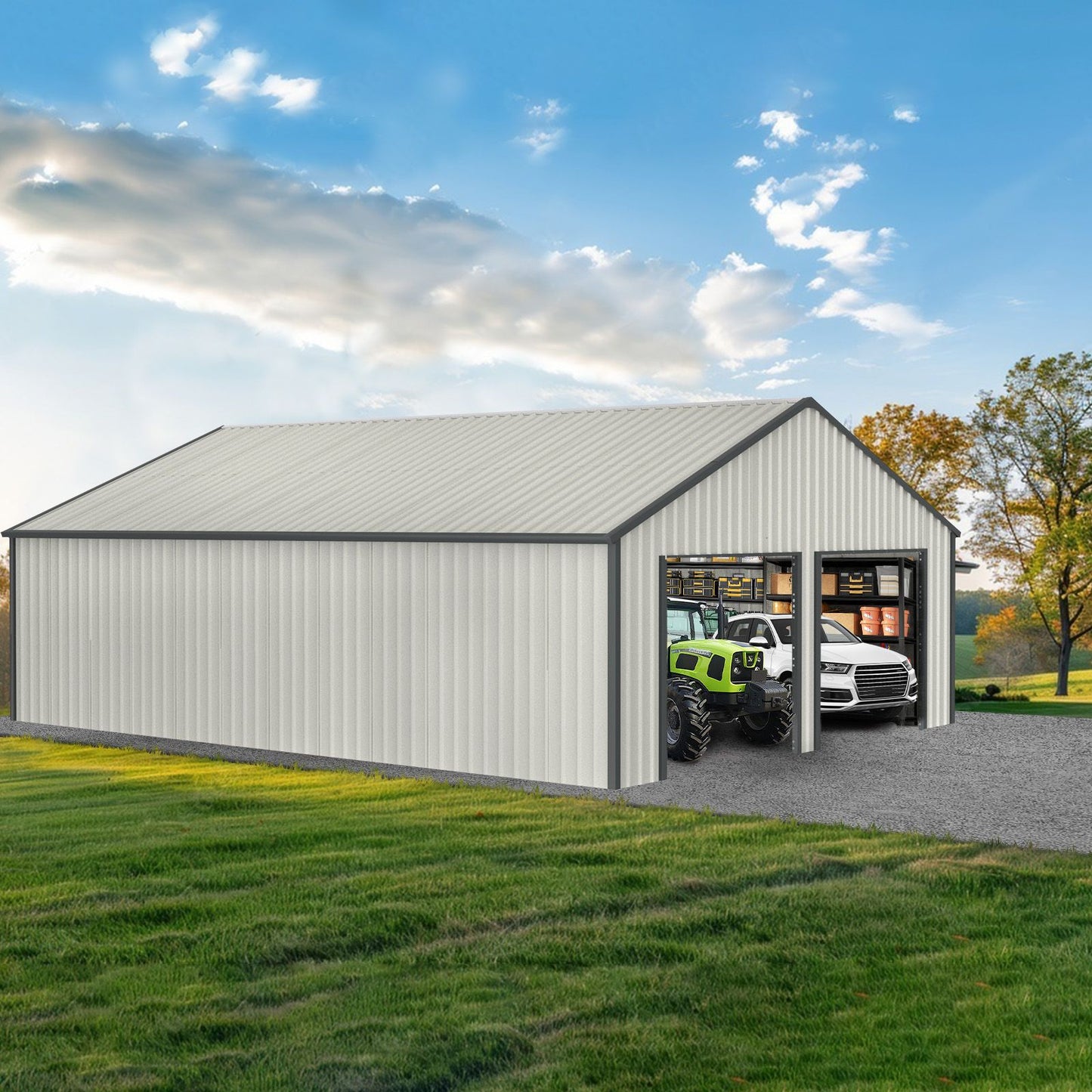 33' x 25' Metal Storage Shed w/ Double Door Garage & Side Entry Door
