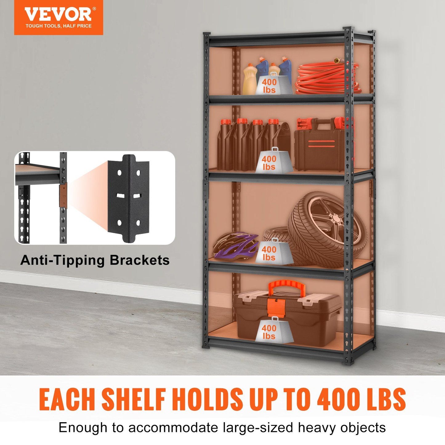 5-Tier Storage Shelving Unit Adjustable, 2000 lbs Capacity, Heavy Duty Garage Shelves, Metal Organizer Utility Rack