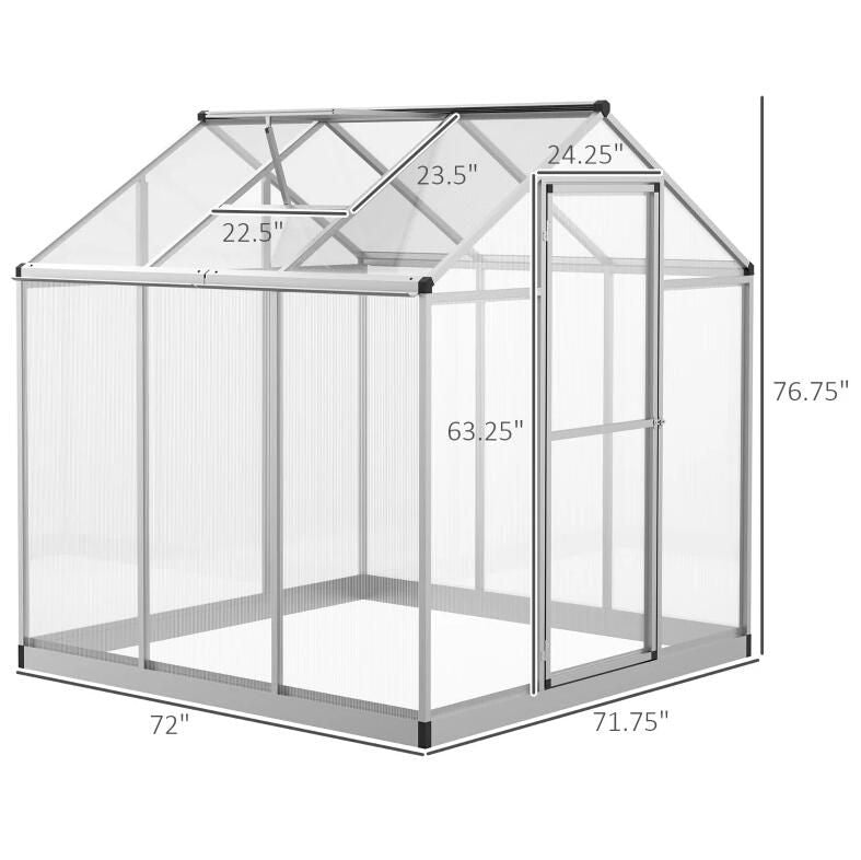 6' x 6' Polycarbonate Greenhouse, Transparent Sheets, Aluminum Frame, Rooftop Vent