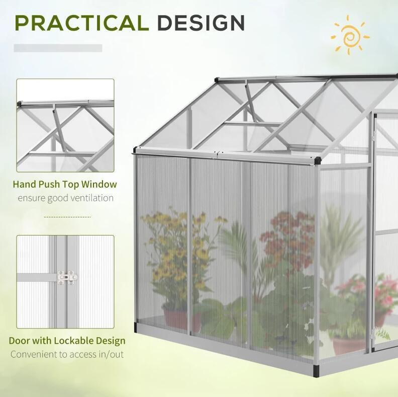 6' x 6' Polycarbonate Greenhouse, Transparent Sheets, Aluminum Frame, Rooftop Vent