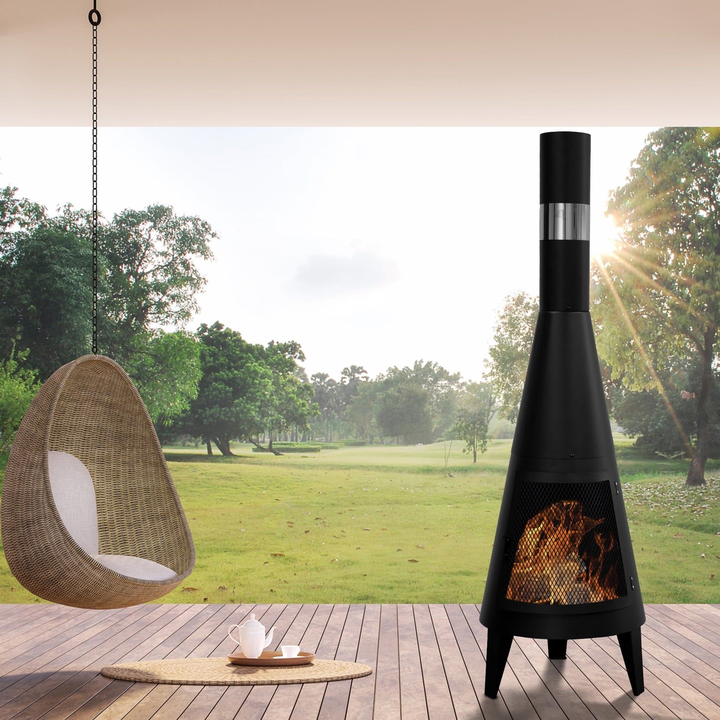63" Wood-Burning Steel Chiminea, Black Outdoor Fireplace