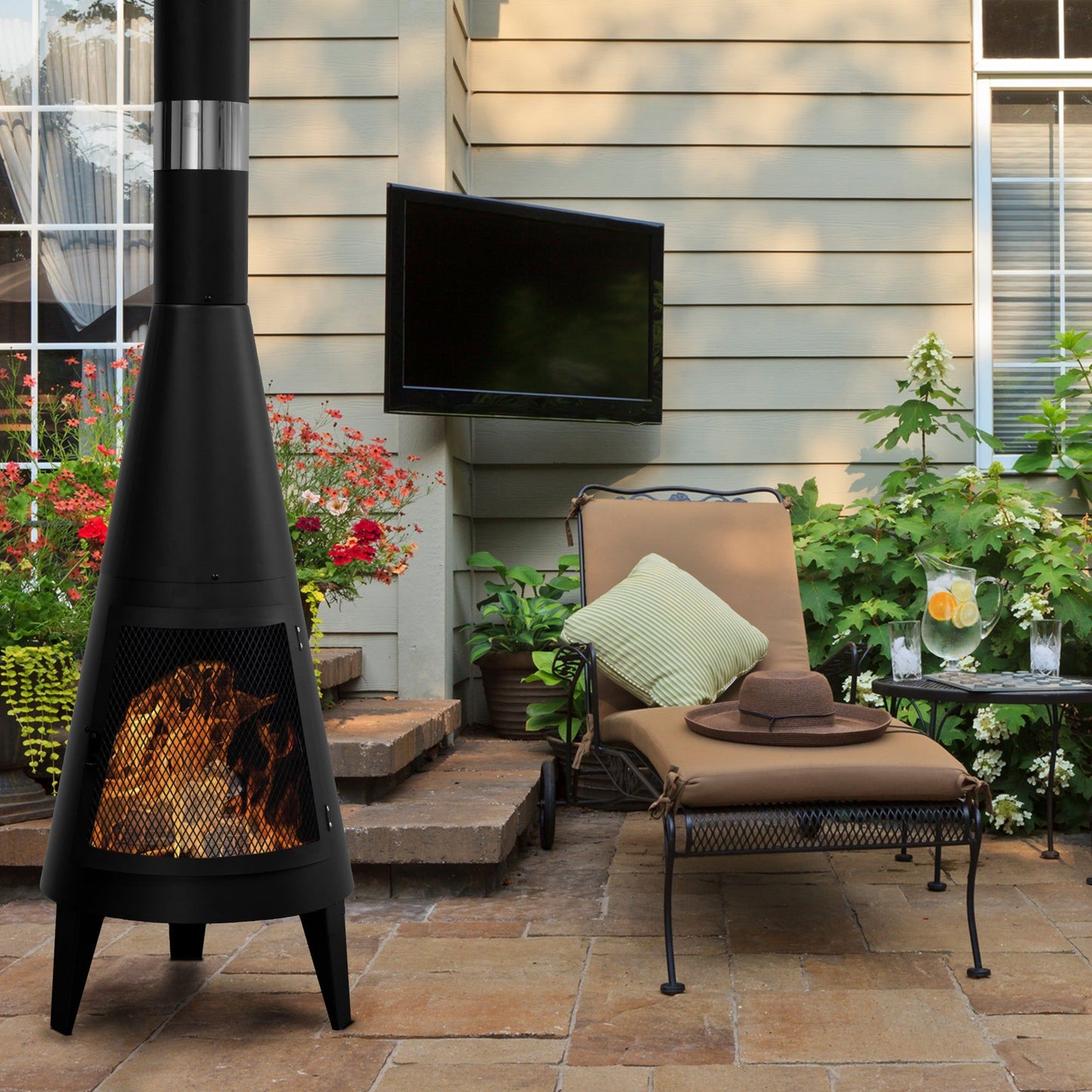 63" Wood-Burning Steel Chiminea, Black Outdoor Fireplace