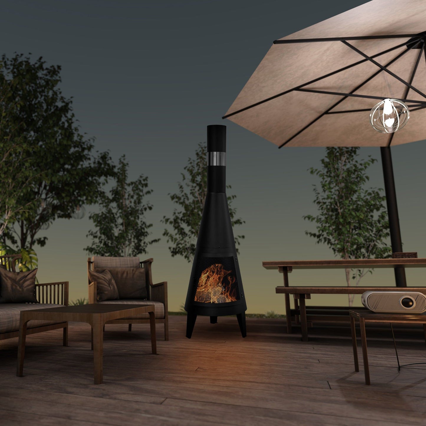 63" Wood-Burning Steel Chiminea, Black Outdoor Fireplace