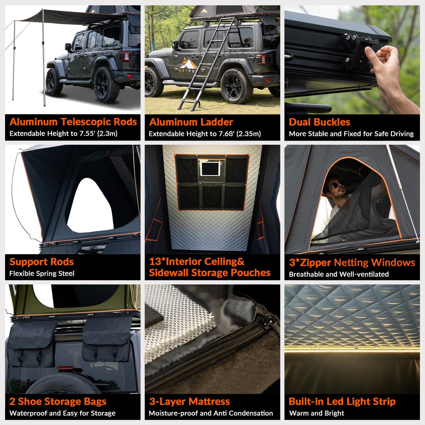 6.6' x 4.3' 4-Season Hard Shell Rooftop Tent, Fits 3-4 People