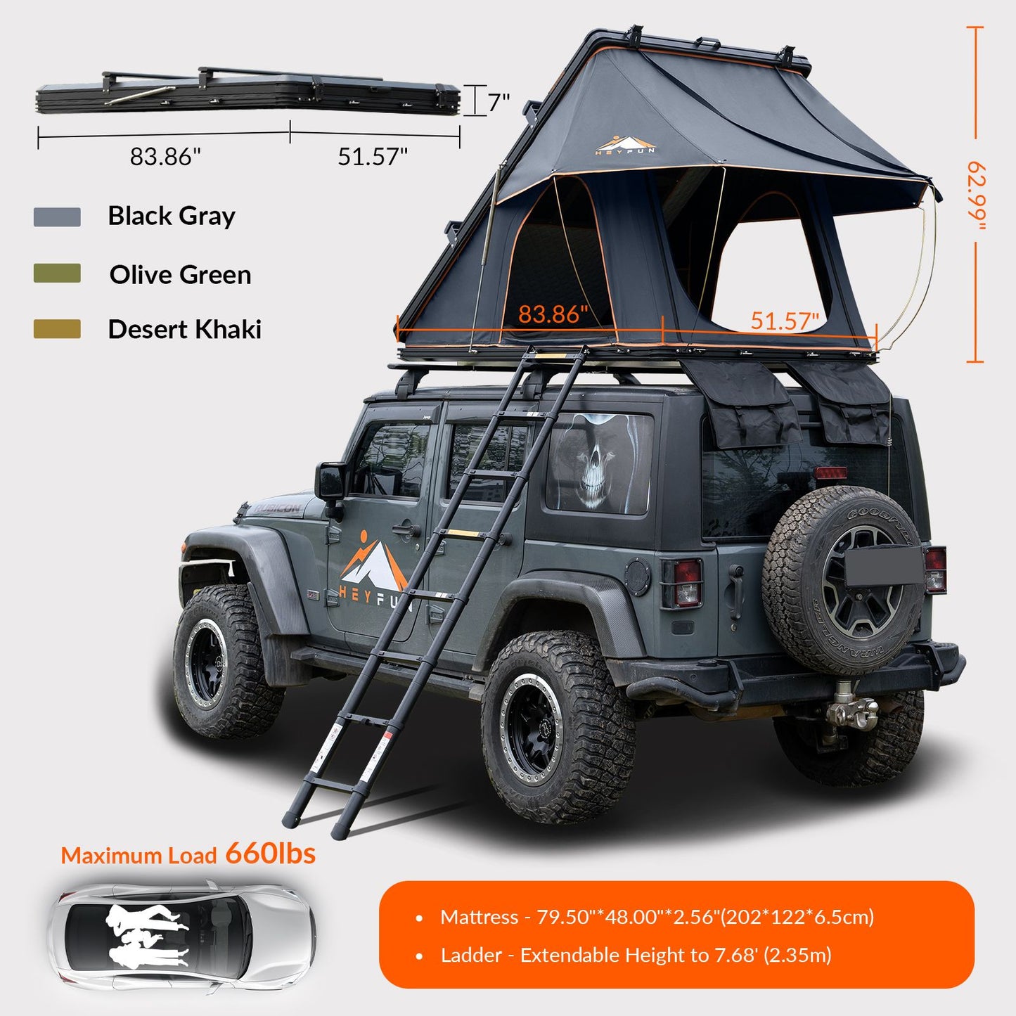 6.6' x 4.3' 4-Season Hard Shell Rooftop Tent, Fits 3-4 People