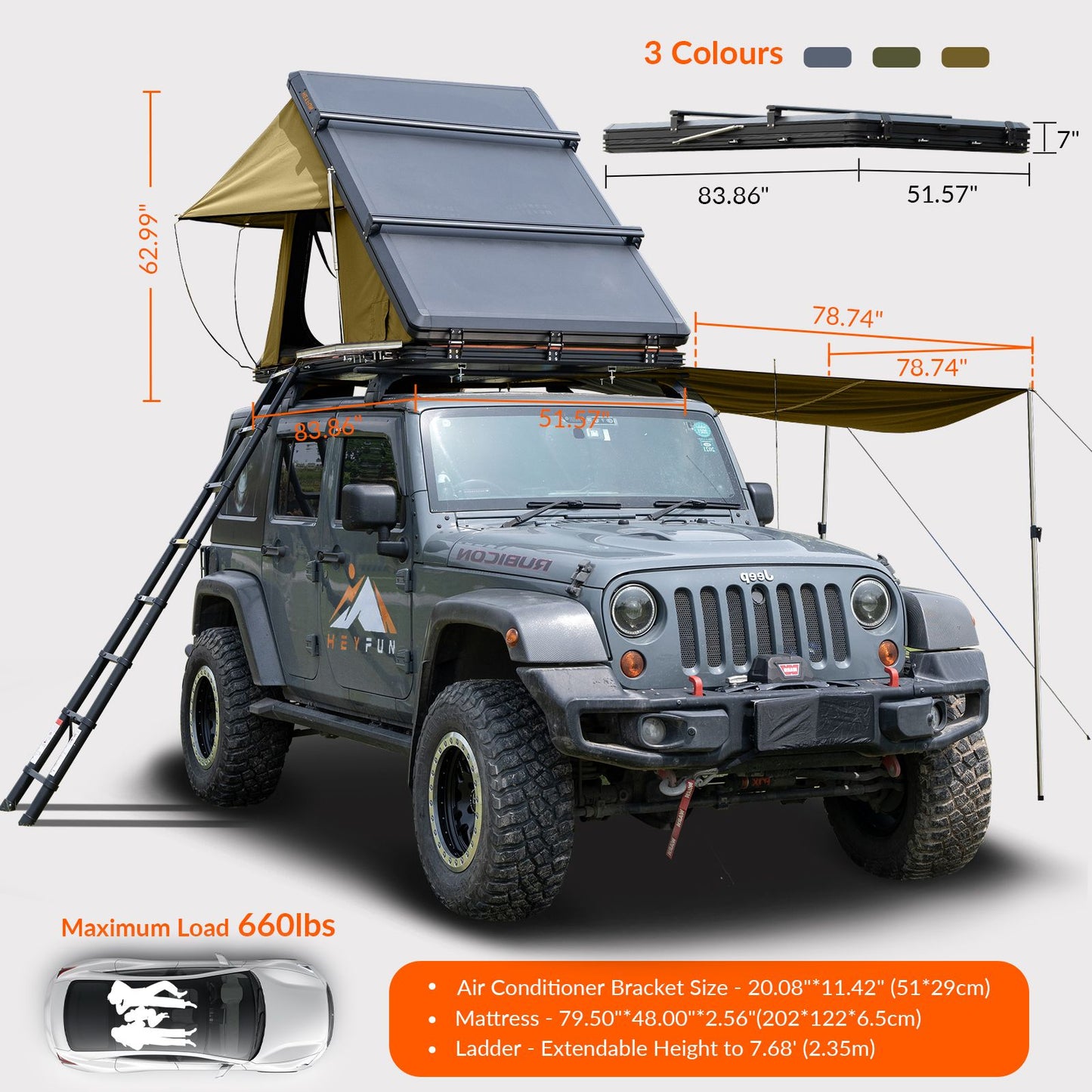 6.6' x 4.3' 4-Season Hard Shell Rooftop Tent, Fits 3-4 People