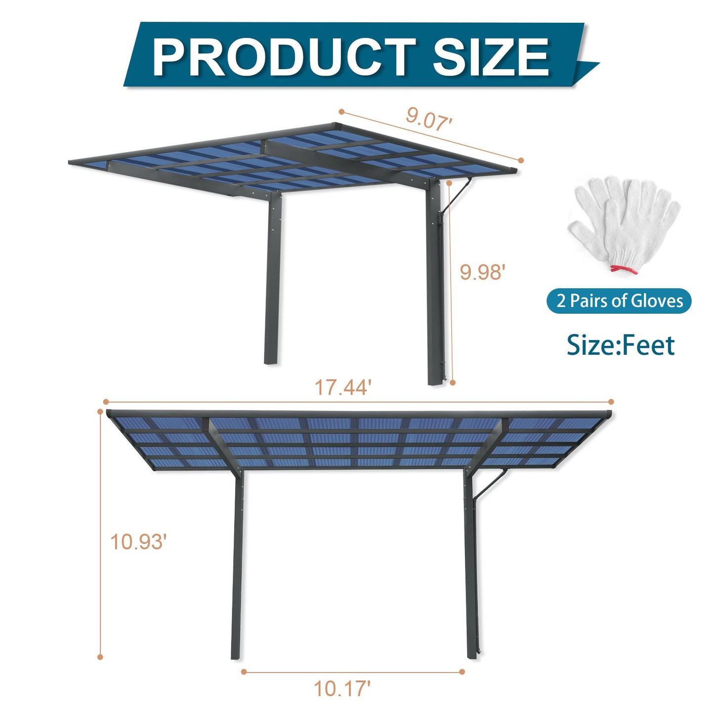 7' x 17' Heavy Duty Aluminum Outdoor Carport Canopy, Metal Frame with Polycarbonate Panels for Car, Truck