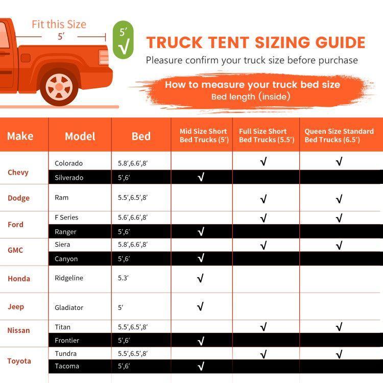 8' x 5' Truck Bed Tent, Fits 2-3 People, Waterproof & Spacious