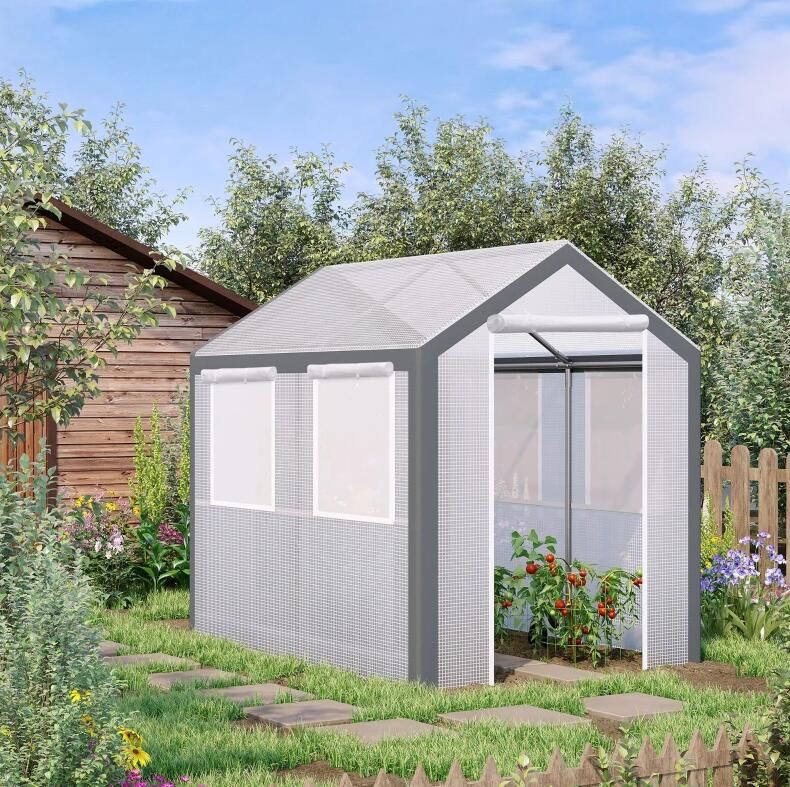 8' x 6' Outdoor Greenhouse Tent, PE Mesh Grid Cover, Powder-Coated Steel Frame, Zippered Doors