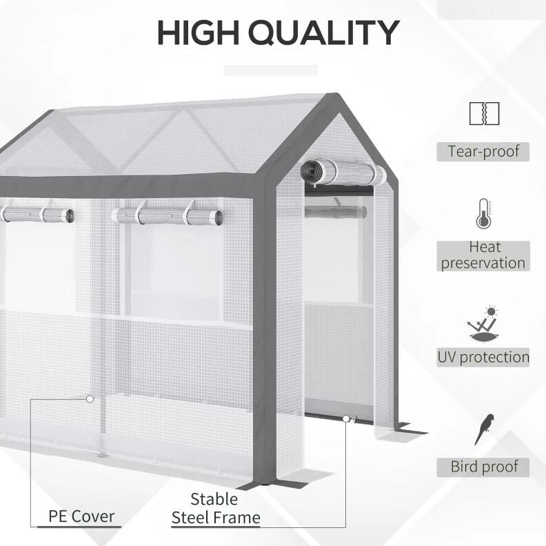 8' x 6' Outdoor Greenhouse Tent, PE Mesh Grid Cover, Powder-Coated Steel Frame, Zippered Doors