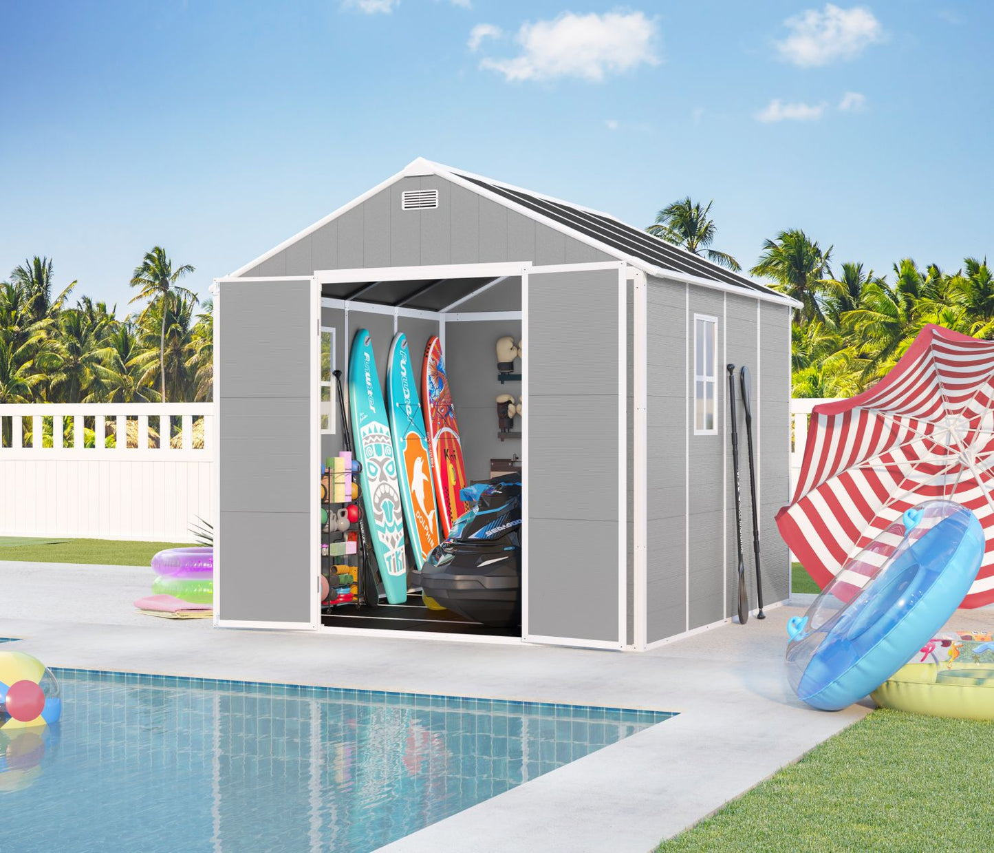 8' x 7' Backyard Garden Shed, Durable Polypropylene Outdoor Storage Room with HD Windows, UV Protection, and Waterproof