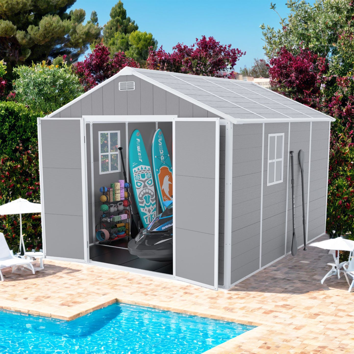 8' x 7' Backyard Garden Shed, Durable Polypropylene Outdoor Storage Room with HD Windows, UV Protection, and Waterproof