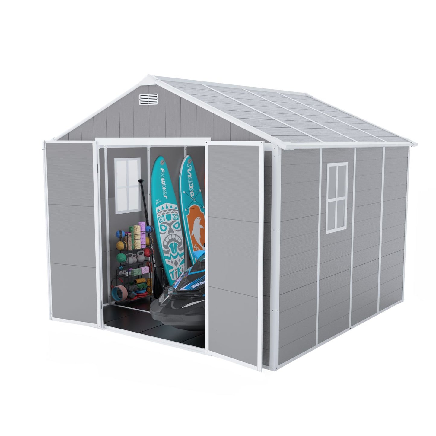 8' x 7' Backyard Garden Shed, Durable Polypropylene Outdoor Storage Room with HD Windows, UV Protection, and Waterproof