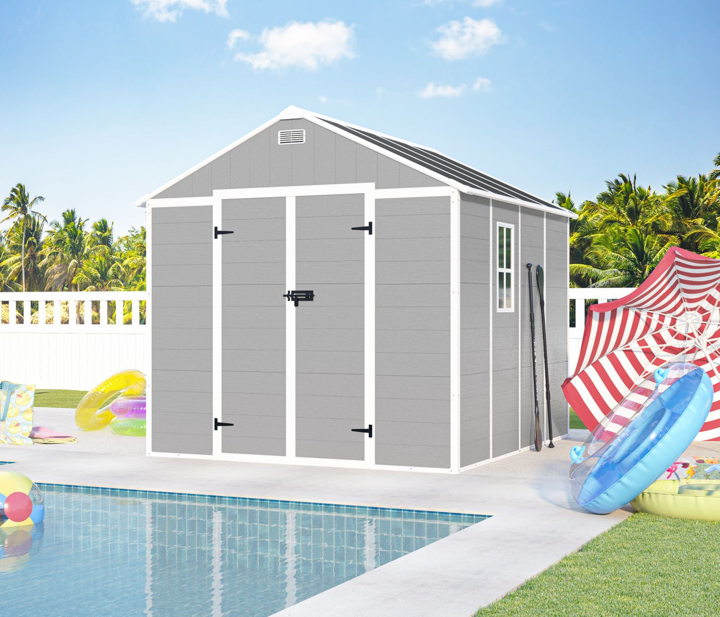 8' x 7' Backyard Garden Shed, Durable Polypropylene Outdoor Storage Room with HD Windows, UV Protection, and Waterproof