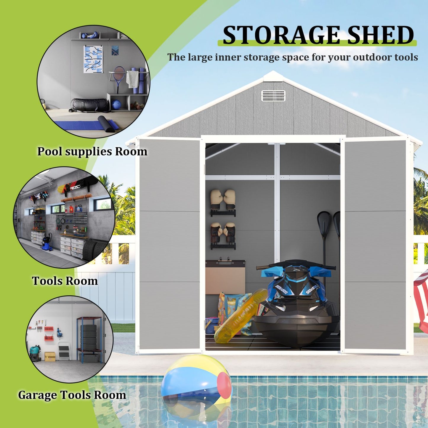 8' x 7' Backyard Garden Shed, Durable Polypropylene Outdoor Storage Room with HD Windows, UV Protection, and Waterproof