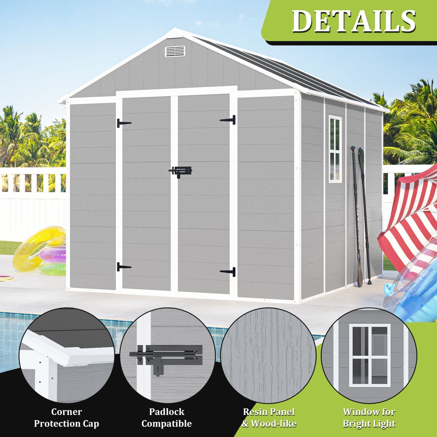 8' x 7' Backyard Garden Shed, Durable Polypropylene Outdoor Storage Room with HD Windows, UV Protection, and Waterproof