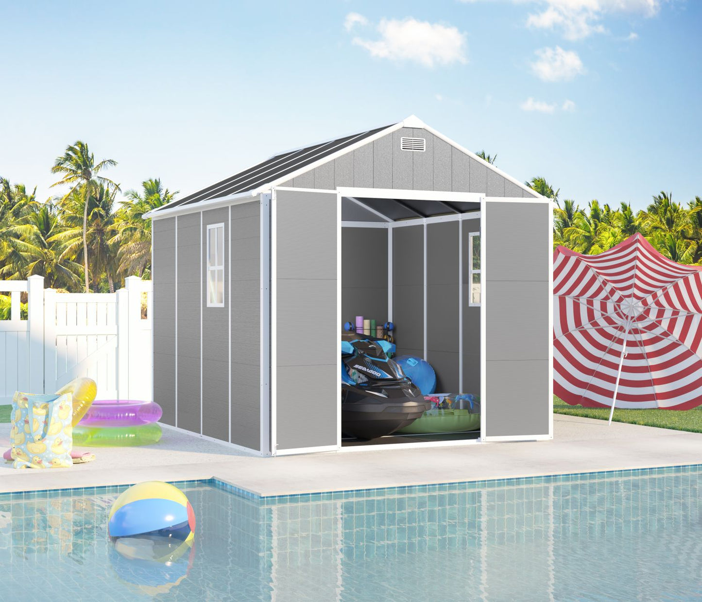 8' x 7' Backyard Garden Shed, Durable Polypropylene Outdoor Storage Room with HD Windows, UV Protection, and Waterproof