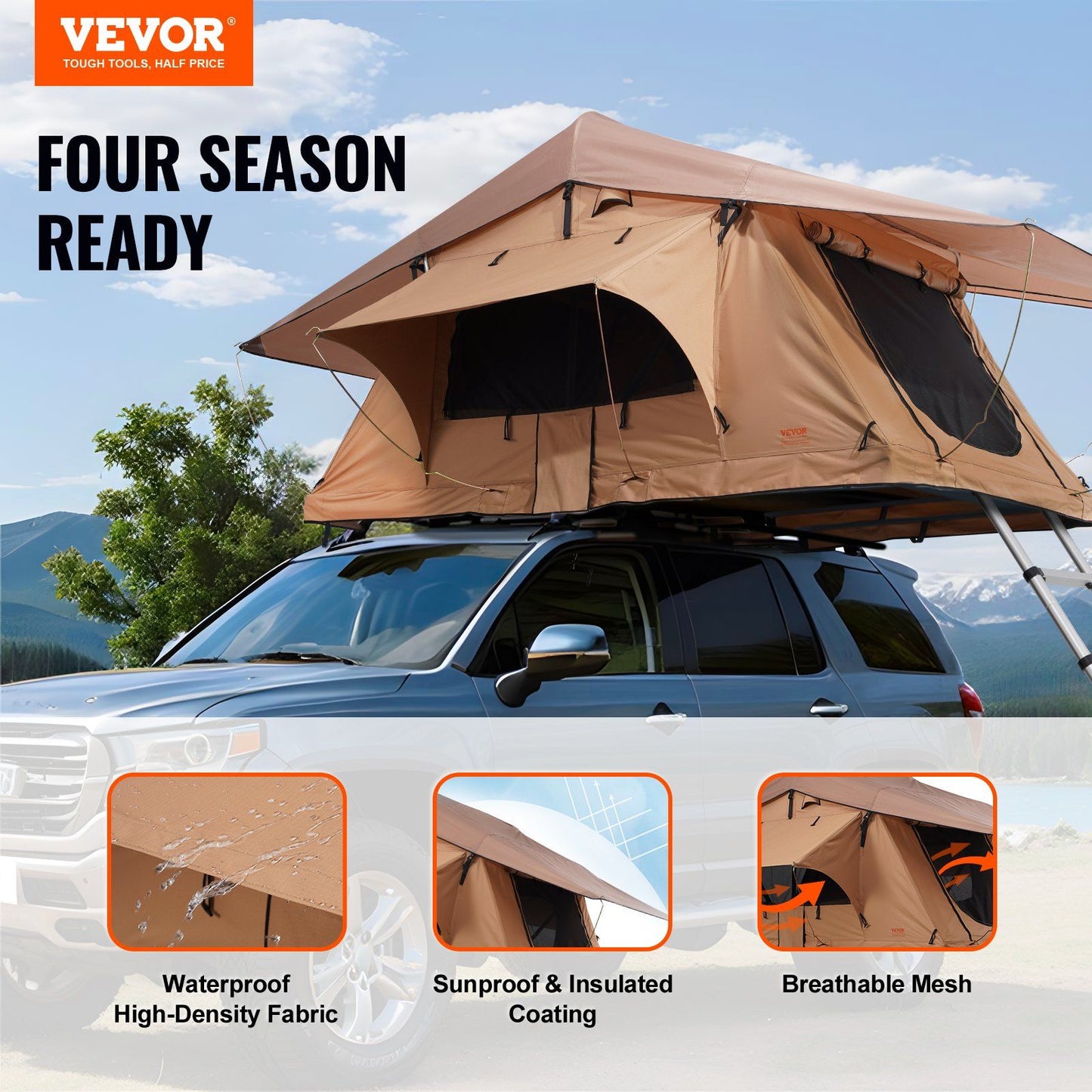 8' x 7' Rooftop Tent, 2-3 Person, Waterproof & UV Protected, Easy Setup with Inflatable Poles, LED Light, Telescoping Ladder