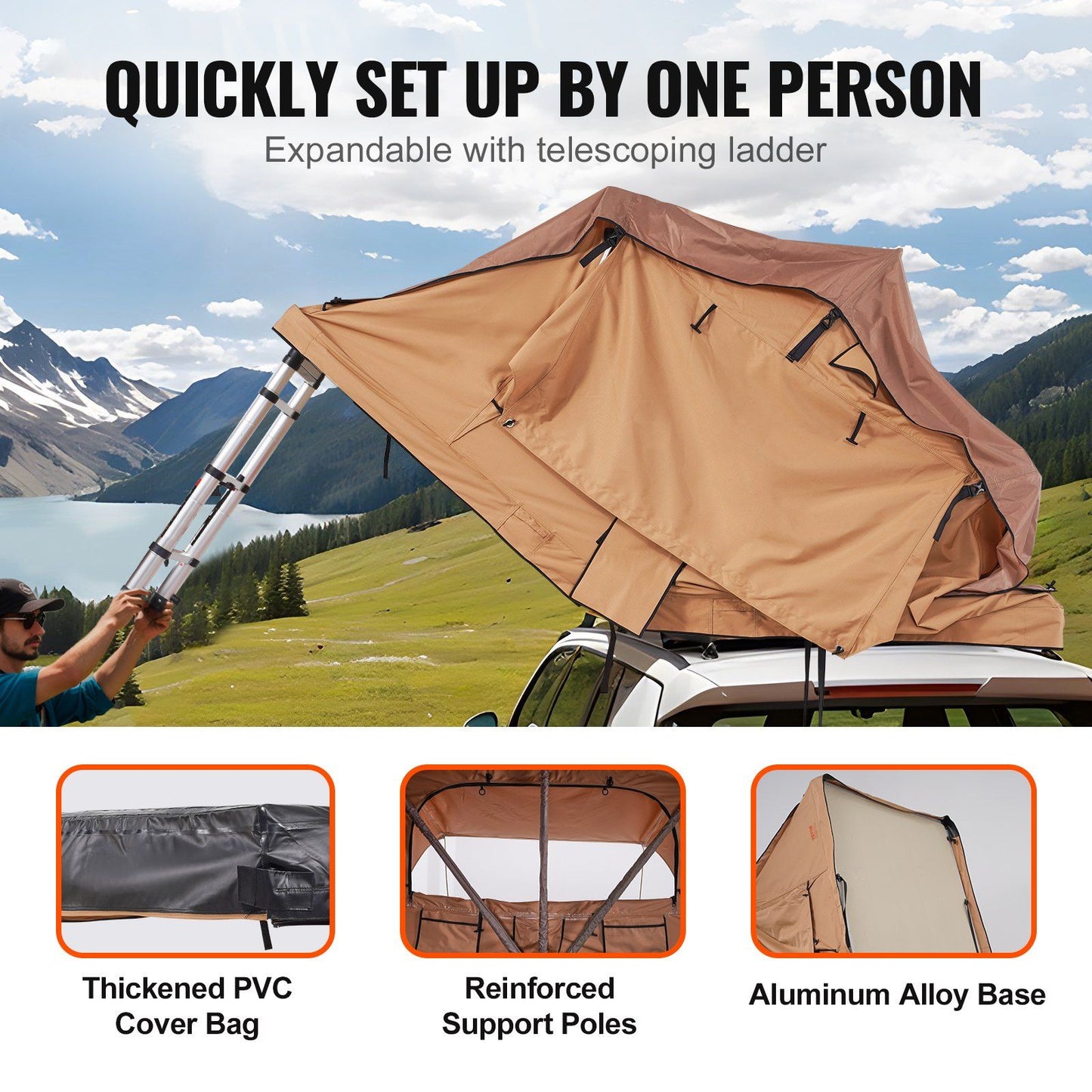 8' x 7' Rooftop Tent, 2-3 Person, Waterproof & UV Protected, Easy Setup with Inflatable Poles, LED Light, Telescoping Ladder