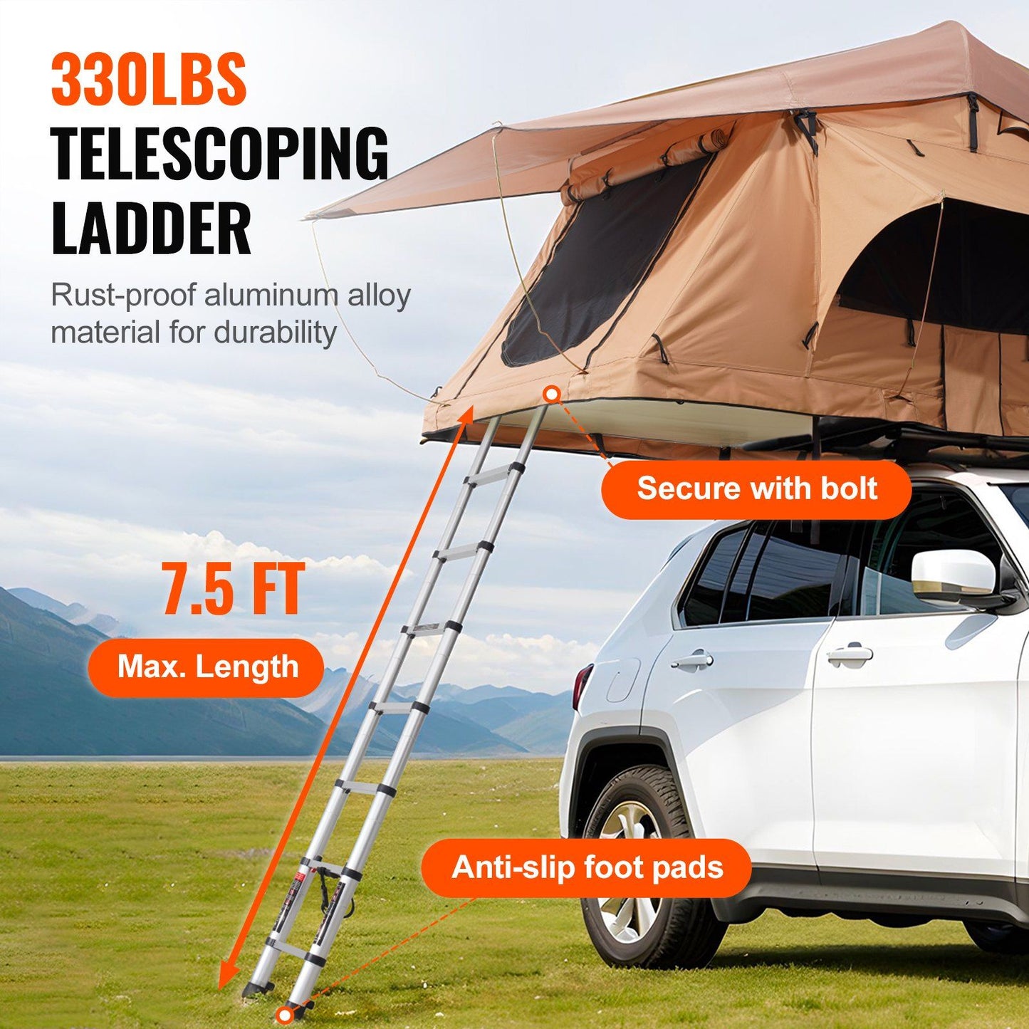 8' x 7' Rooftop Tent, 2-3 Person, Waterproof & UV Protected, Easy Setup with Inflatable Poles, LED Light, Telescoping Ladder