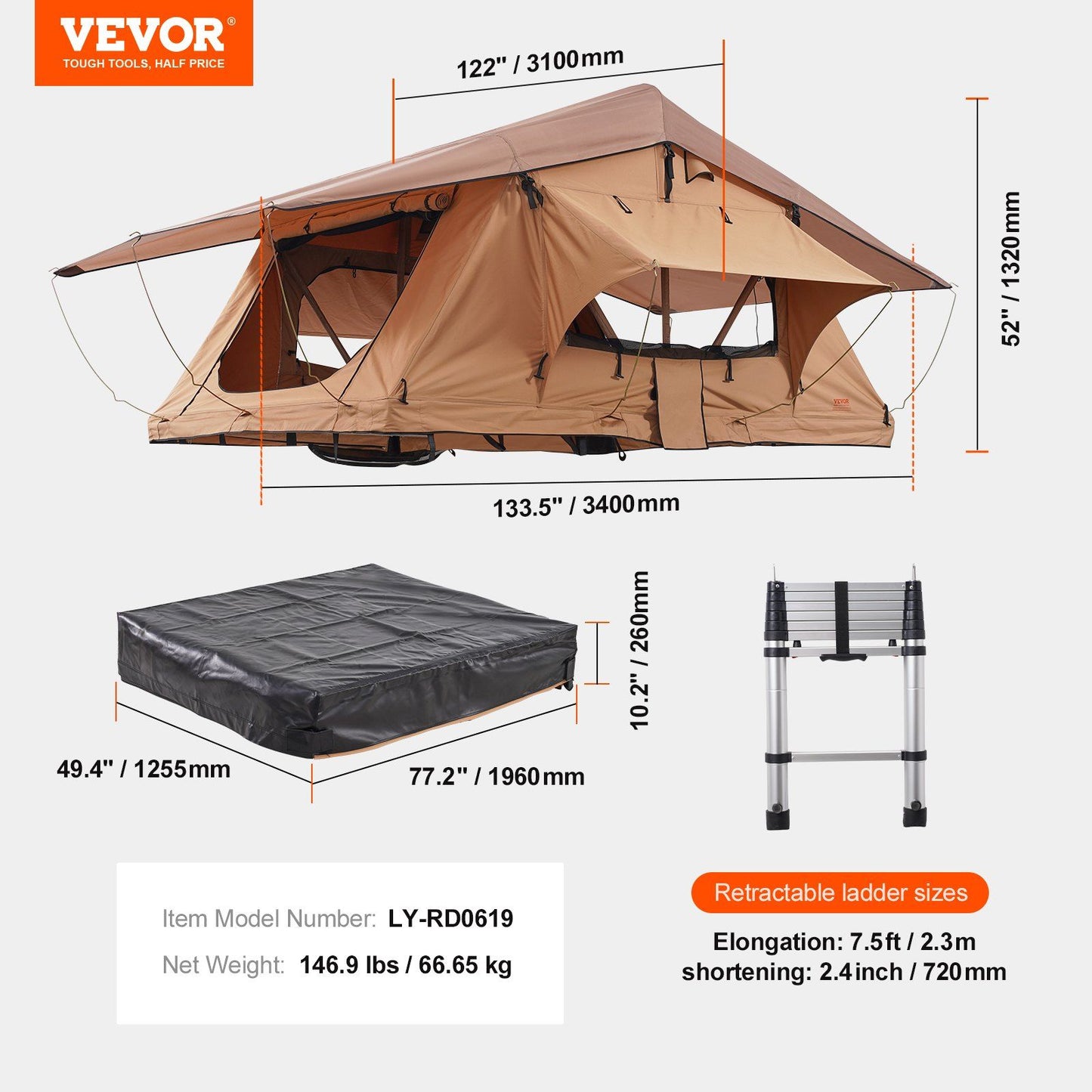 8' x 7' Rooftop Tent, 2-3 Person, Waterproof & UV Protected, Easy Setup with Inflatable Poles, LED Light, Telescoping Ladder