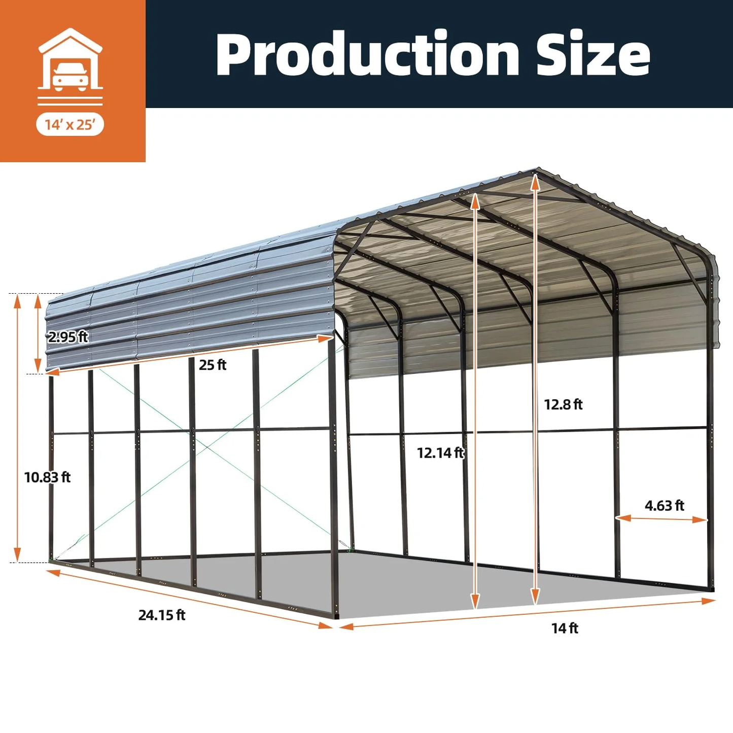 14×25 FT RV Metal Carport, 12.8 FT Peak High, 2x2 Inch Galvanized Steel Frame