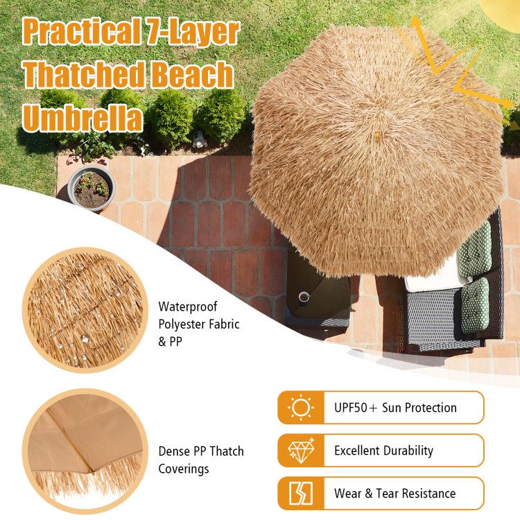 8' x 7.3' Thatched Tiki Beach Umbrella, Durable and UV Resistant
