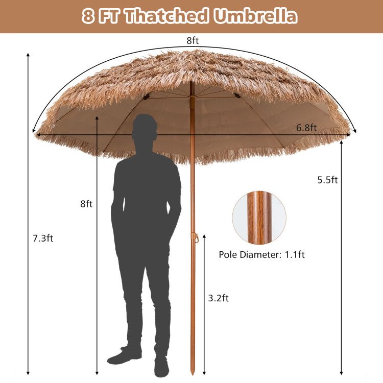 8' x 7.3' Thatched Tiki Beach Umbrella, Durable and UV Resistant