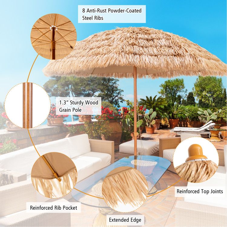8' x 7.3' Thatched Tiki Beach Umbrella, Durable and UV Resistant