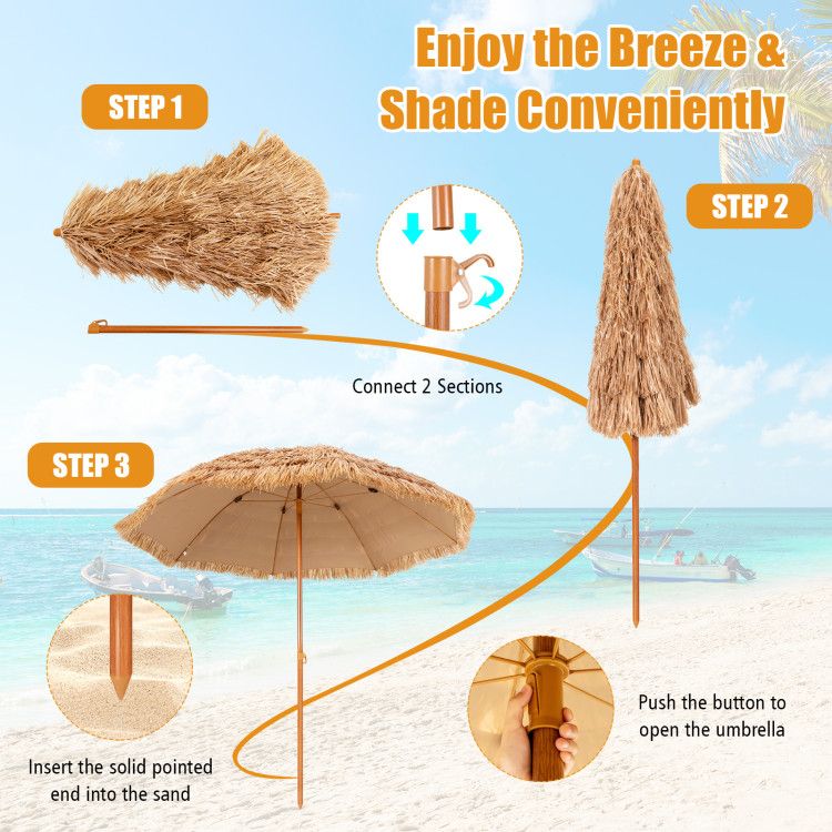 8' x 7.3' Thatched Tiki Beach Umbrella, Durable and UV Resistant