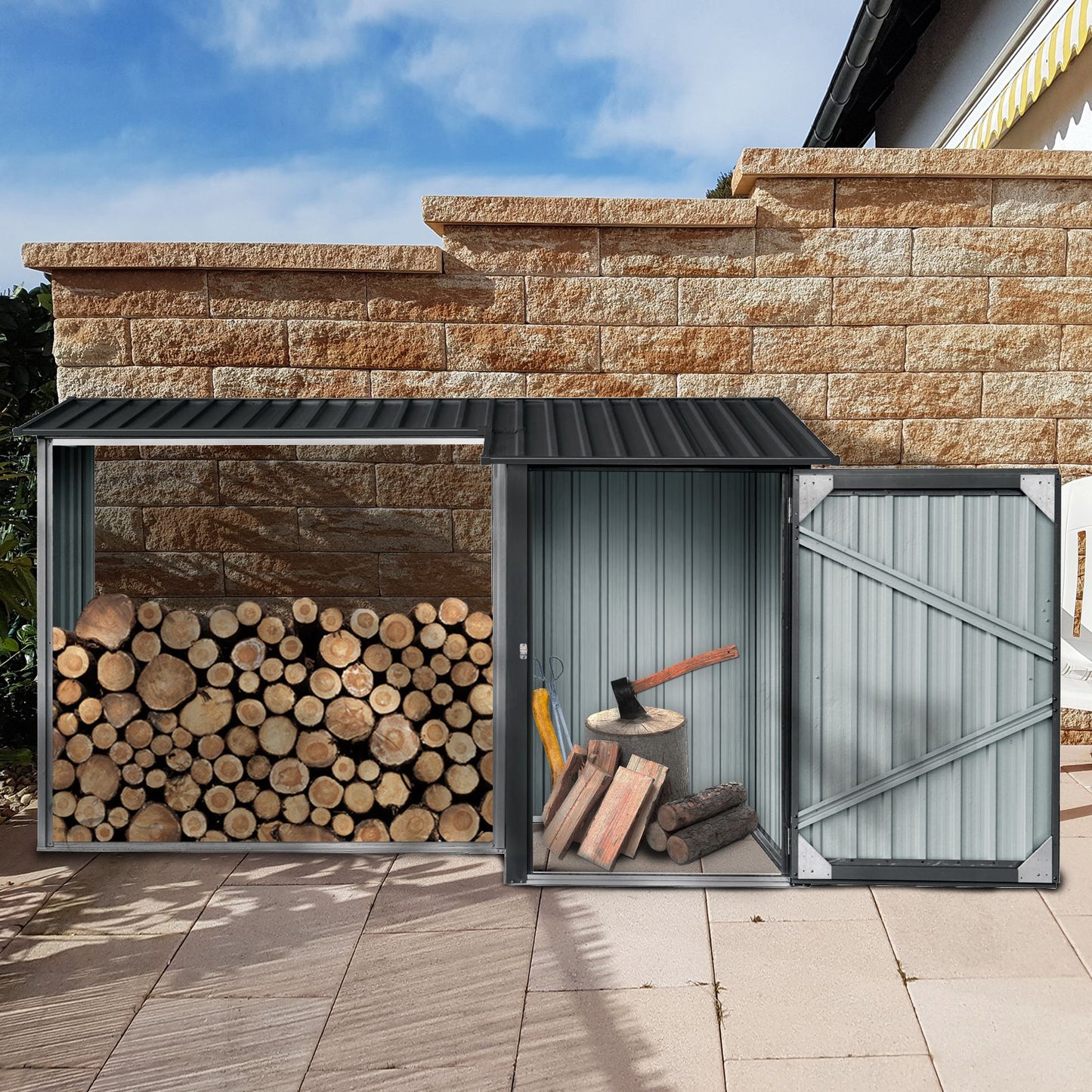 9' x 3' Outdoor Steel Firewood Rack & Storage Shed - Durable & Weather-Resistant