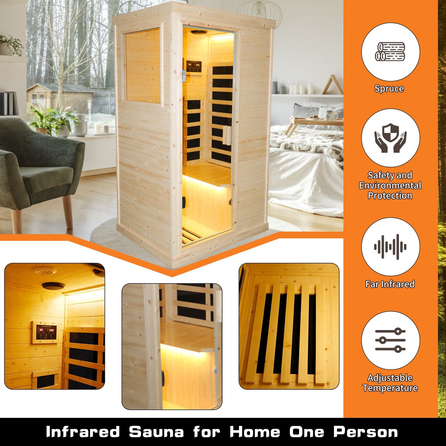 900W Single Person Spruce Far Infrared Sauna, Bluetooth Music