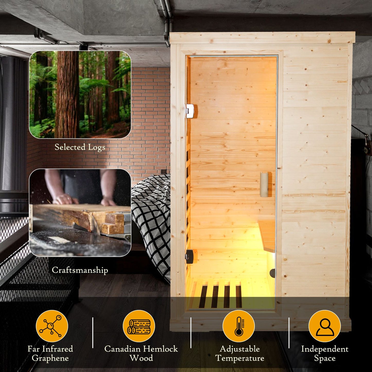 900W Single Person Spruce Far Infrared Sauna, Bluetooth Music