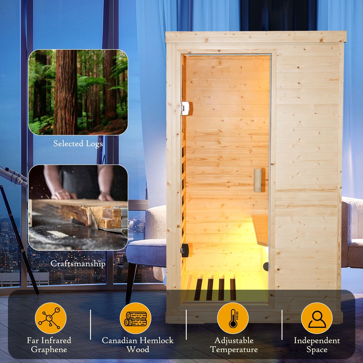 900W Single Person Spruce Far Infrared Sauna, Bluetooth Music